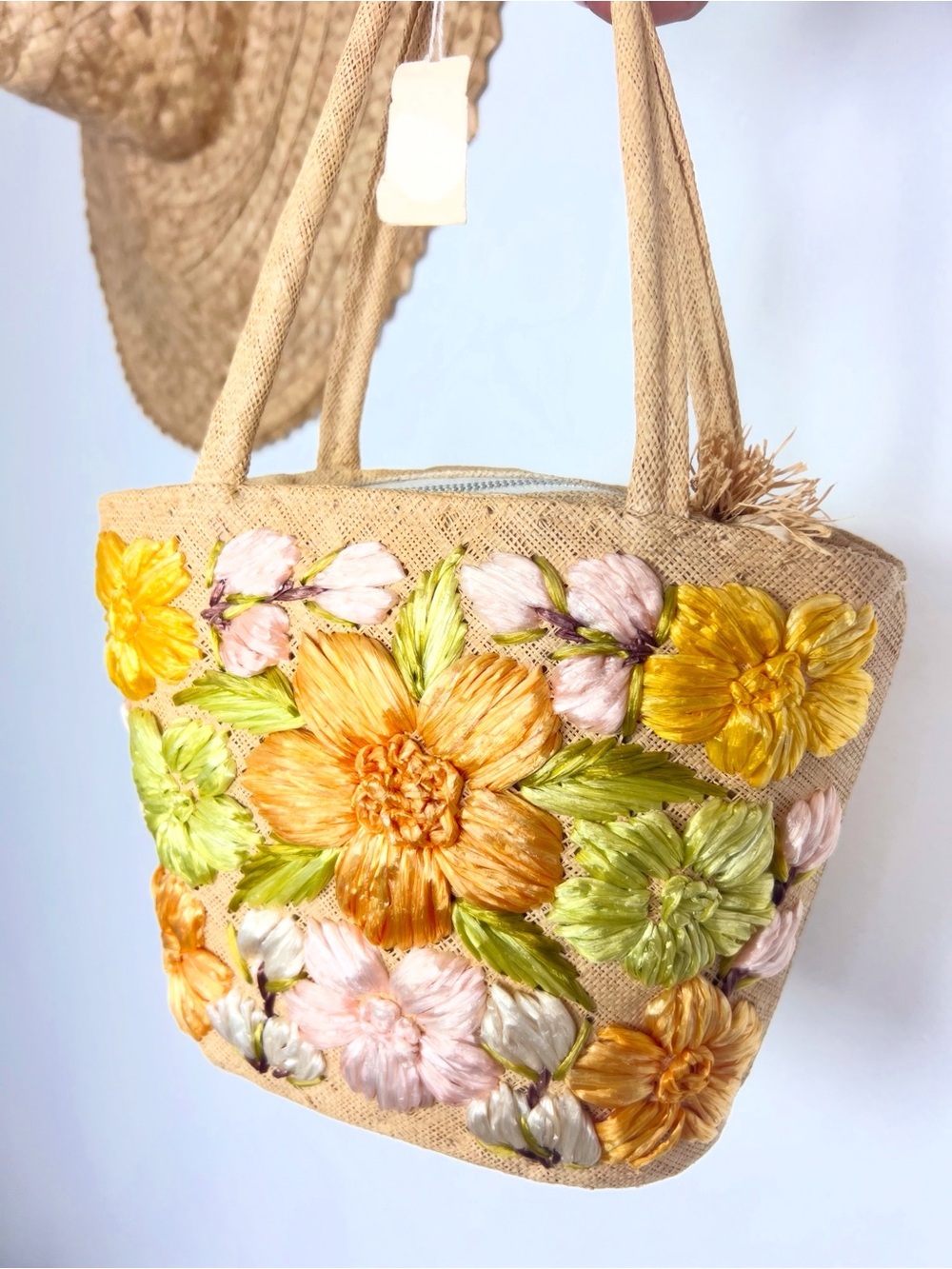 DEADSTOCK 60’s 60s Vintage Hand-Embroidered Straw Raffia Tote Bag Purse Handbag - Picture 6 of 9